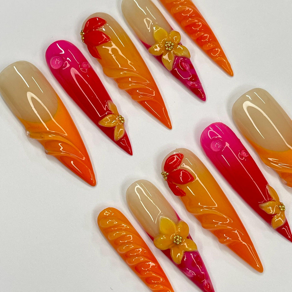 Sunset Flower Long Stiletto Press On Nail, Custom Design Nail Art, Fake Nail for Birthday, Holiday Nail, Gift For Her