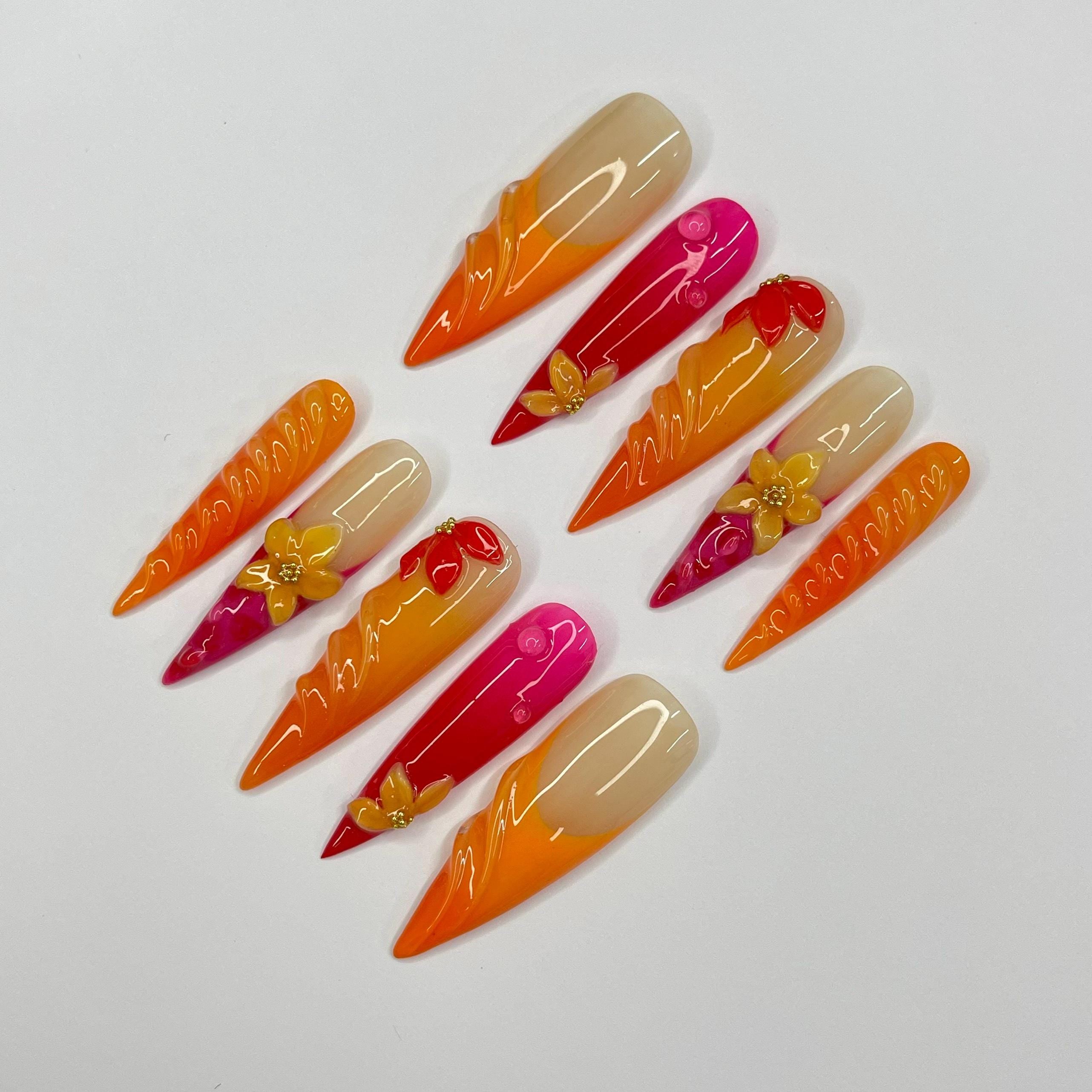 Sunset Flower Long Stiletto Press On Nail, Custom Design Nail Art, Fake Nail for Birthday, Holiday Nail, Gift For Her