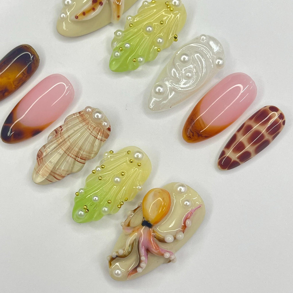Octopus 3D Almond Press On Nails, Floral Handmade Gel False Nails for Birthday Event Party Holiday Vacation, Spring Nails