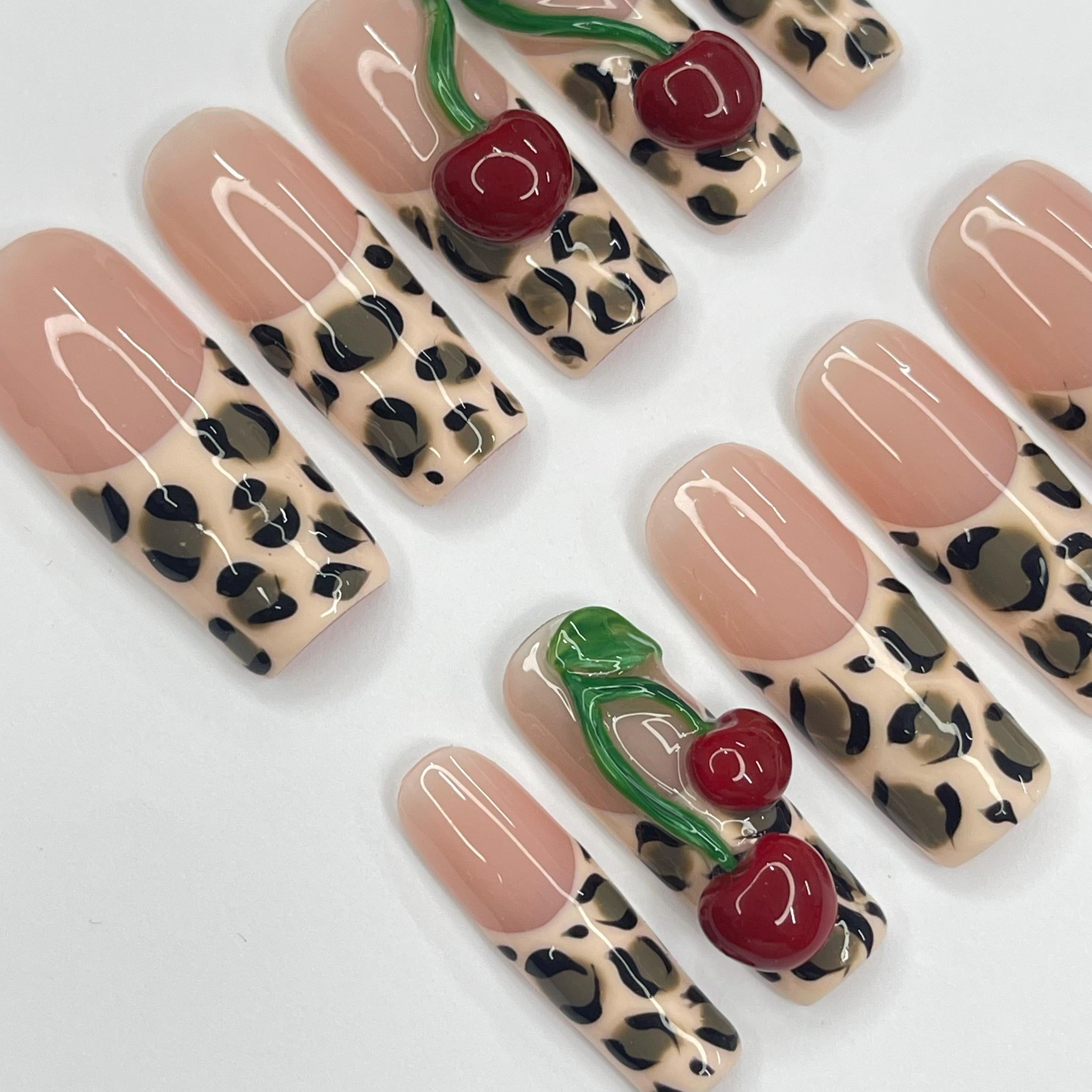 Leopard Print With Cherry Long Square Press On Nail, Custom Design Nail Art, Fake Nail for Birthday, Holiday Nail, Gift For Her