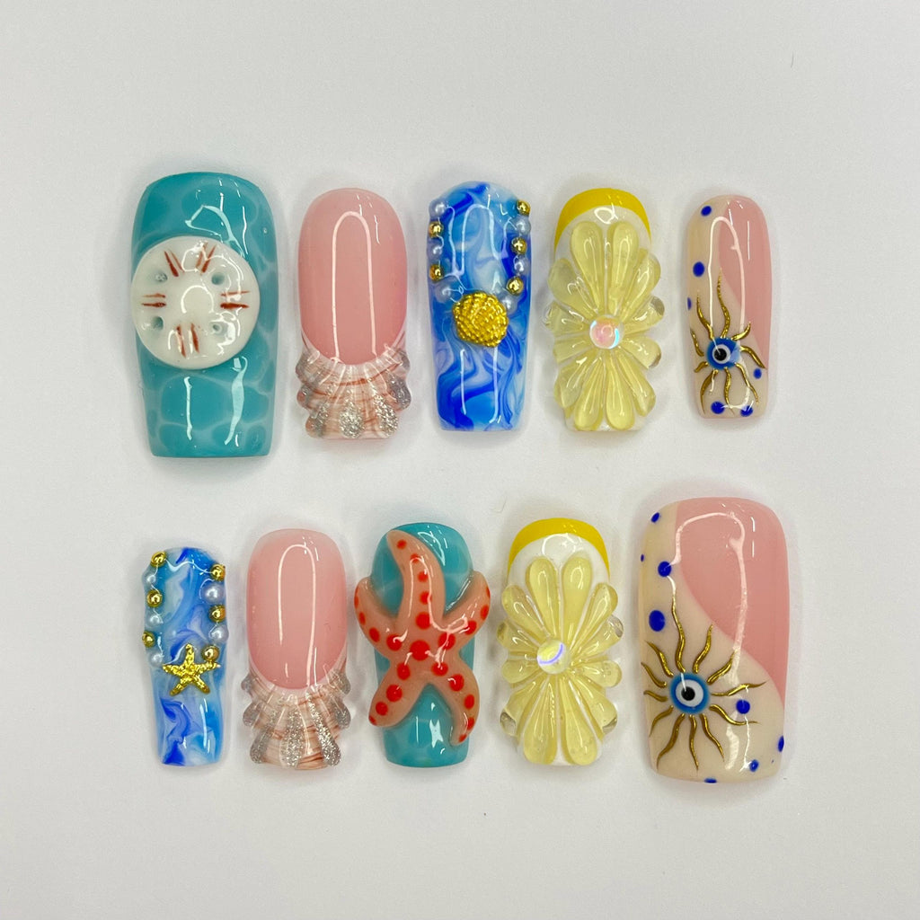 Summer Theme Medium Square Press On Nails, Ocean Inspired Fake Nails Art, 3D Gel Nails for Summer Holiday, Vacation, Event