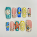 Summer Theme Medium Square Press On Nails, Ocean Inspired Fake Nails Art, 3D Gel Nails for Summer Holiday, Vacation, Event