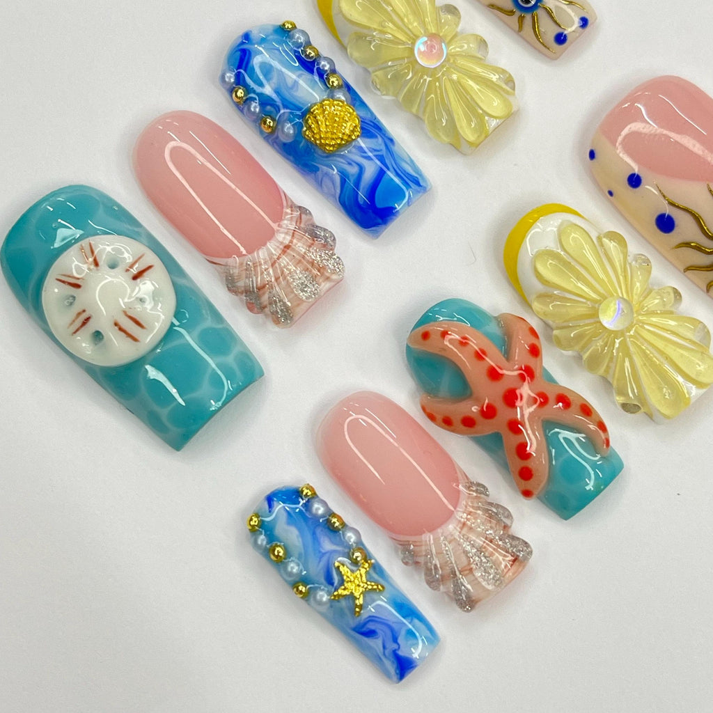 Summer Theme Medium Square Press On Nails, Ocean Inspired Fake Nails Art, 3D Gel Nails for Summer Holiday, Vacation, Event