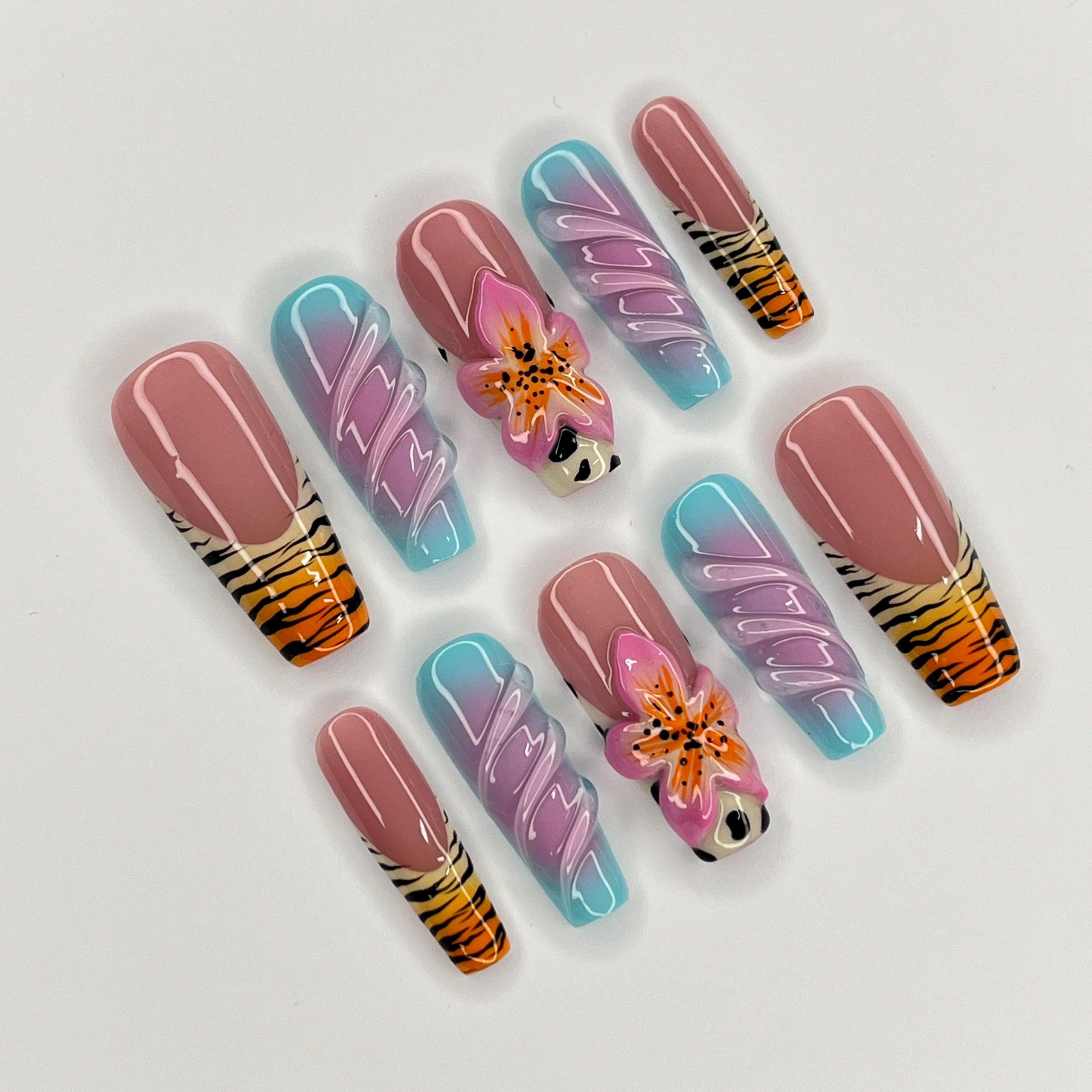Zebra Print Nail Art With 3D Flower Long Coffin Press On Nails, 3D Gel Nails for Summer Holiday, Vacation, Event, Gift For Her