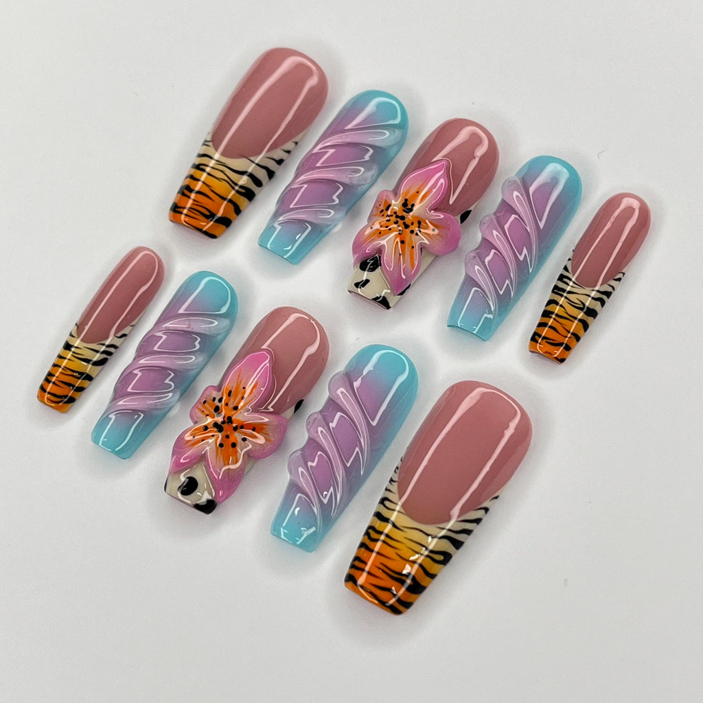 Zebra Print Nail Art With 3D Flower Long Coffin Press On Nails, 3D Gel Nails for Summer Holiday, Vacation, Event, Gift For Her