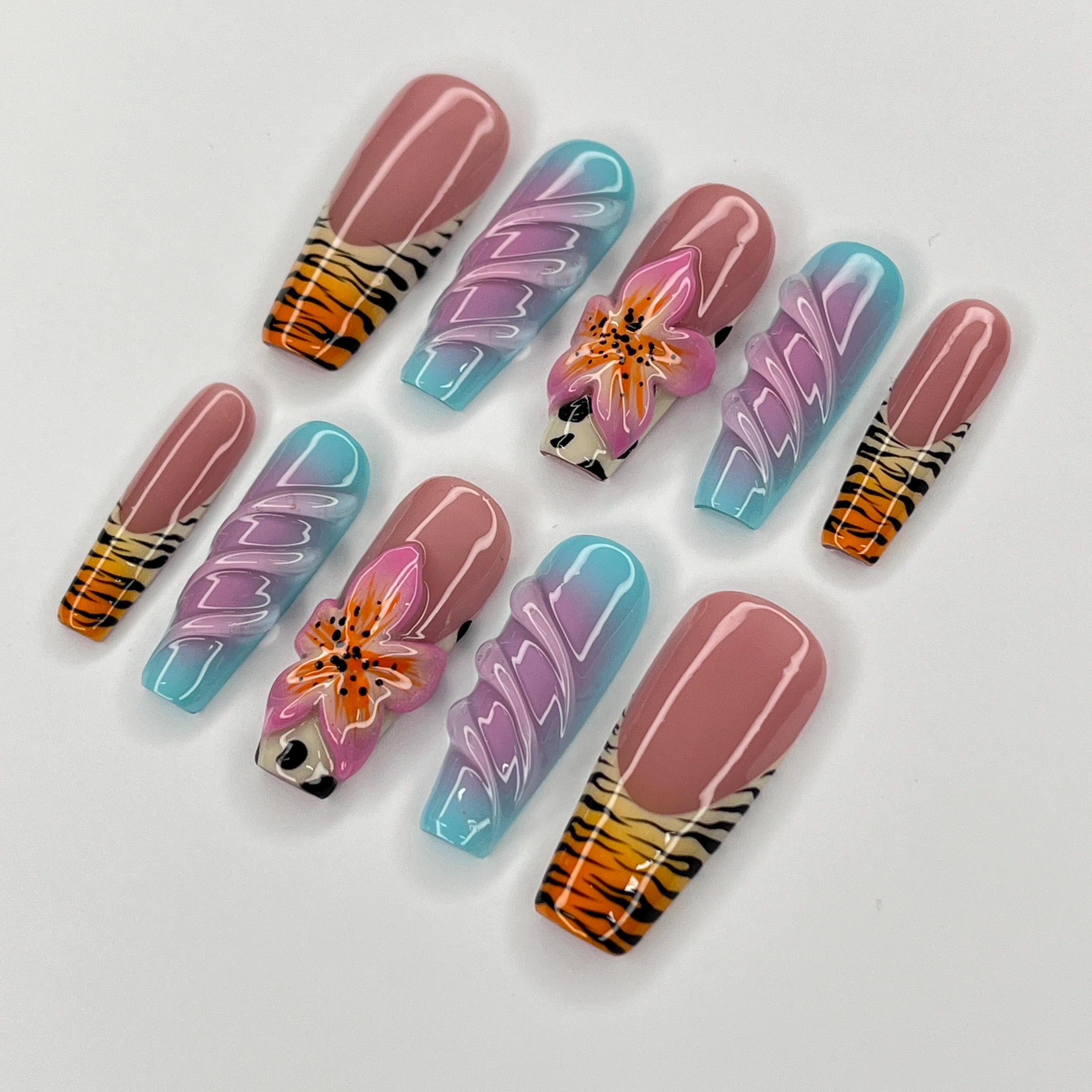 Zebra Print Nail Art With 3D Flower Long Coffin Press On Nails, 3D Gel Nails for Summer Holiday, Vacation, Event, Gift For Her