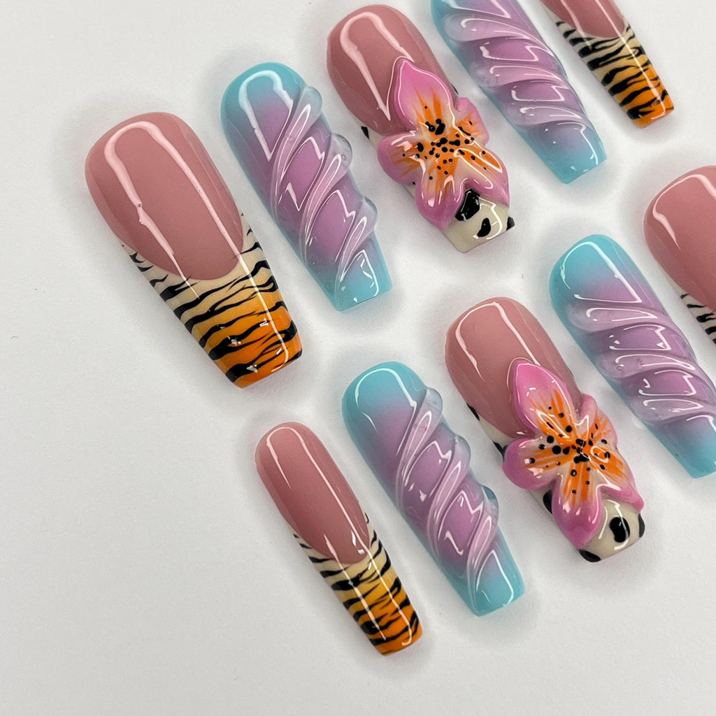 Zebra Print Nail Art With 3D Flower Long Coffin Press On Nails, 3D Gel Nails for Summer Holiday, Vacation, Event, Gift For Her