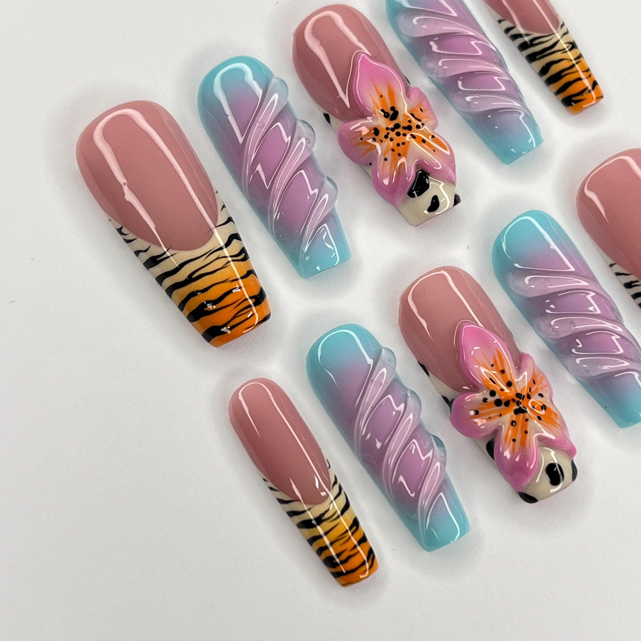 Zebra Print Nail Art With 3D Flower Long Coffin Press On Nails, 3D Gel Nails for Summer Holiday, Vacation, Event, Gift For Her