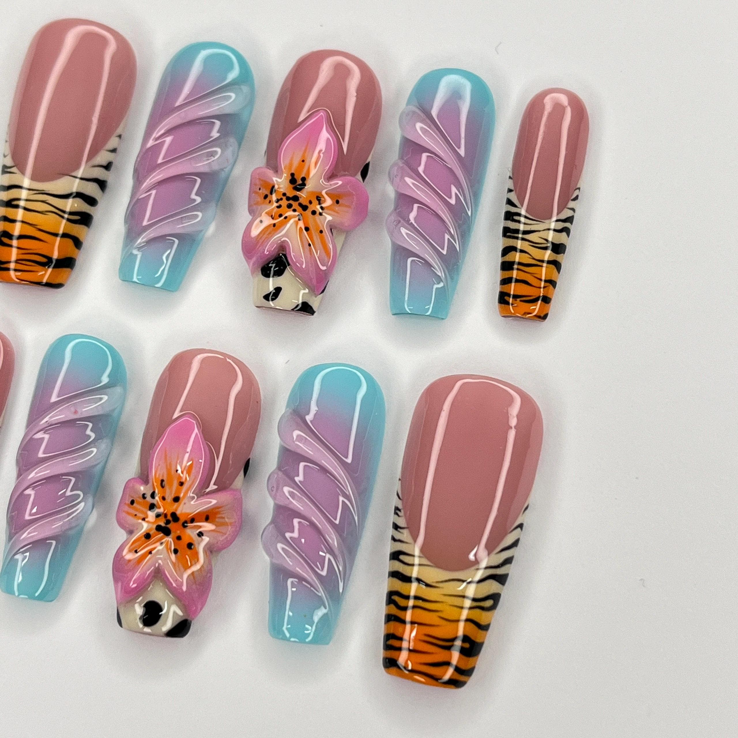 Zebra Print Nail Art With 3D Flower Long Coffin Press On Nails, 3D Gel Nails for Summer Holiday, Vacation, Event, Gift For Her