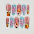 Zebra Print Nail Art With 3D Flower Long Coffin Press On Nails, 3D Gel Nails for Summer Holiday, Vacation, Event, Gift For Her