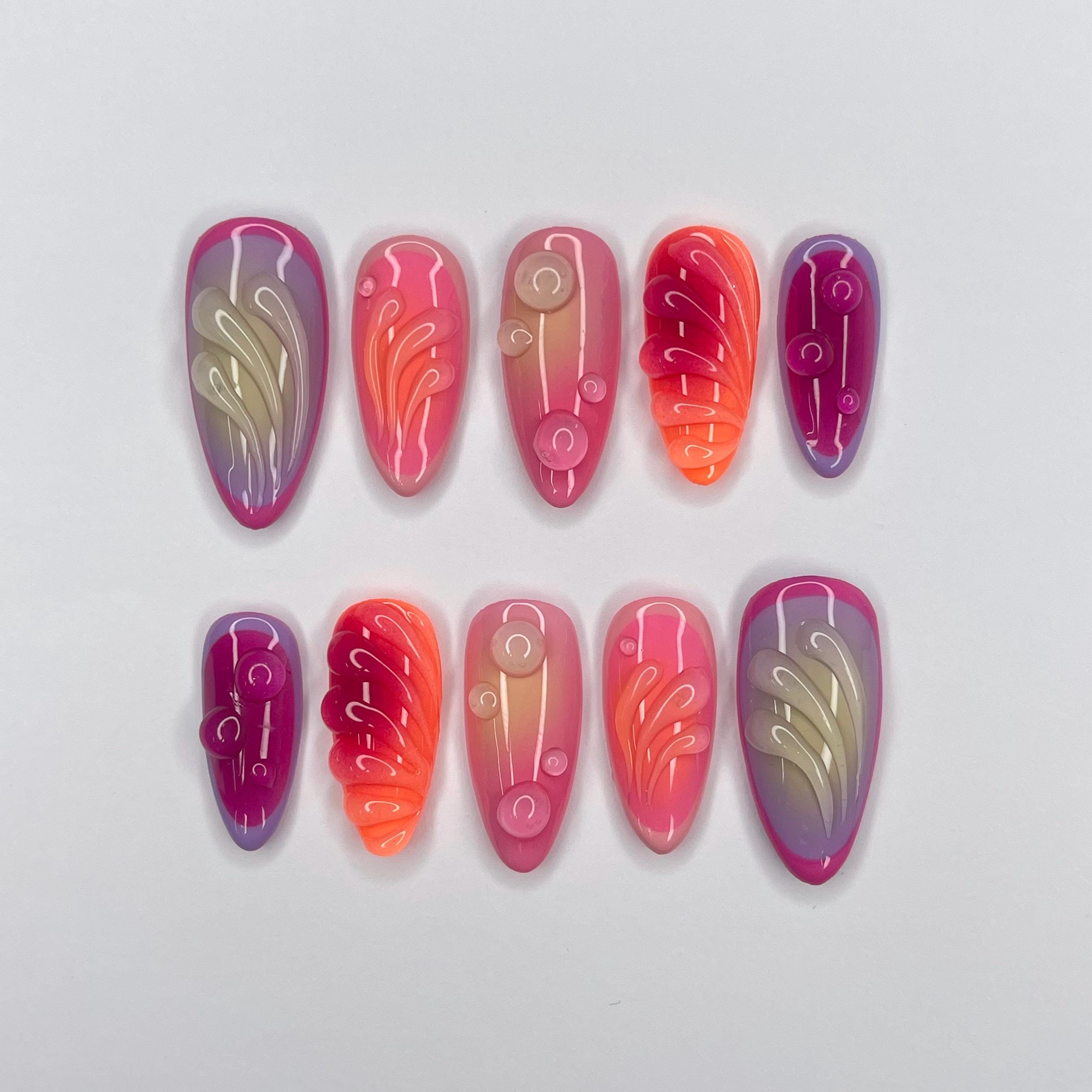 Freestyle Aura 3D Gel Medium Almomd Press On Nails, 3D Gel Nails Holiday, Vacation, Event, Gift For Her, Custom Nail Art