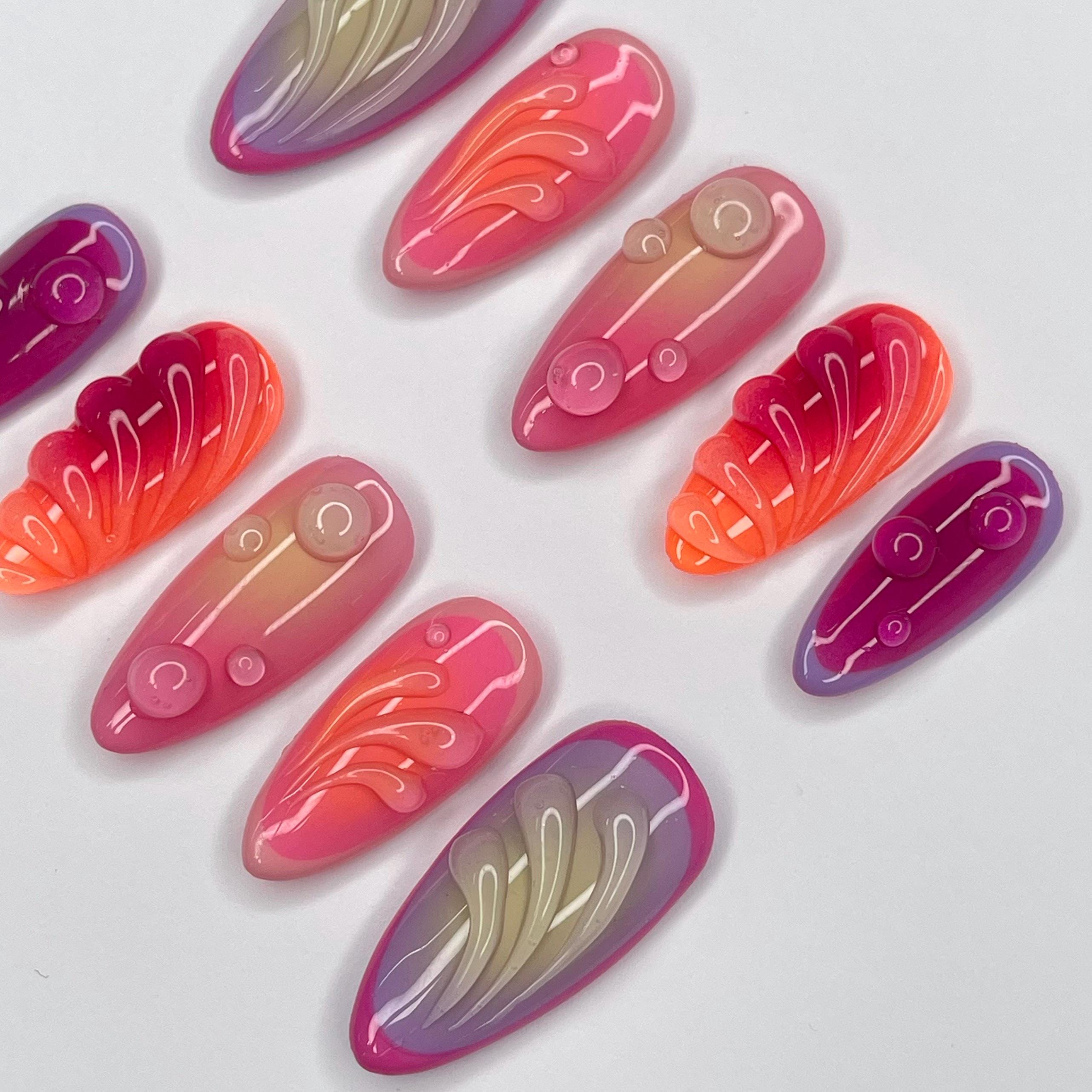 Freestyle Aura 3D Gel Medium Almomd Press On Nails, 3D Gel Nails Holiday, Vacation, Event, Gift For Her, Custom Nail Art