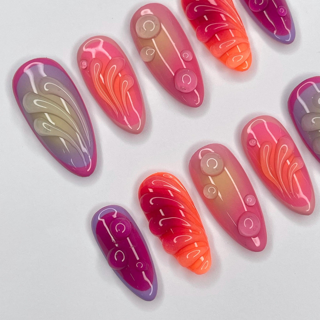 Freestyle Aura 3D Gel Medium Almomd Press On Nails, 3D Gel Nails Holiday, Vacation, Event, Gift For Her, Custom Nail Art