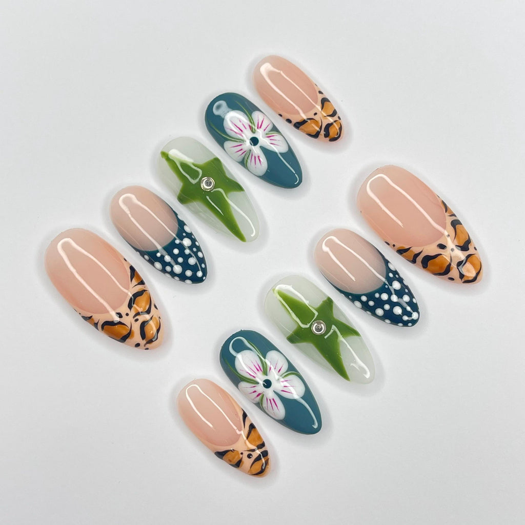 Zebra Print French Tip Medium Almond Press On Nails, 3D Gel Nails for Summer Holiday, Vacation, Event, Gift For Her