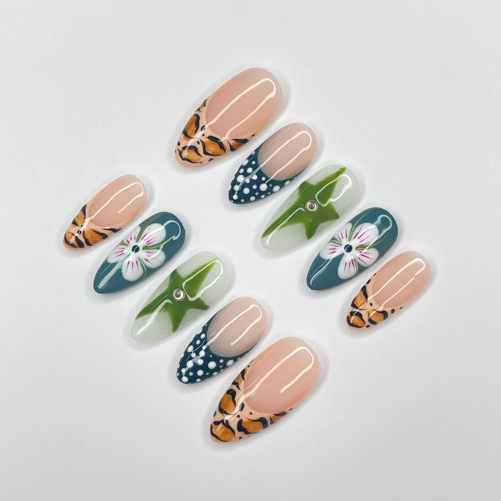 Zebra Print French Tip Medium Almond Press On Nails, 3D Gel Nails for Summer Holiday, Vacation, Event, Gift For Her