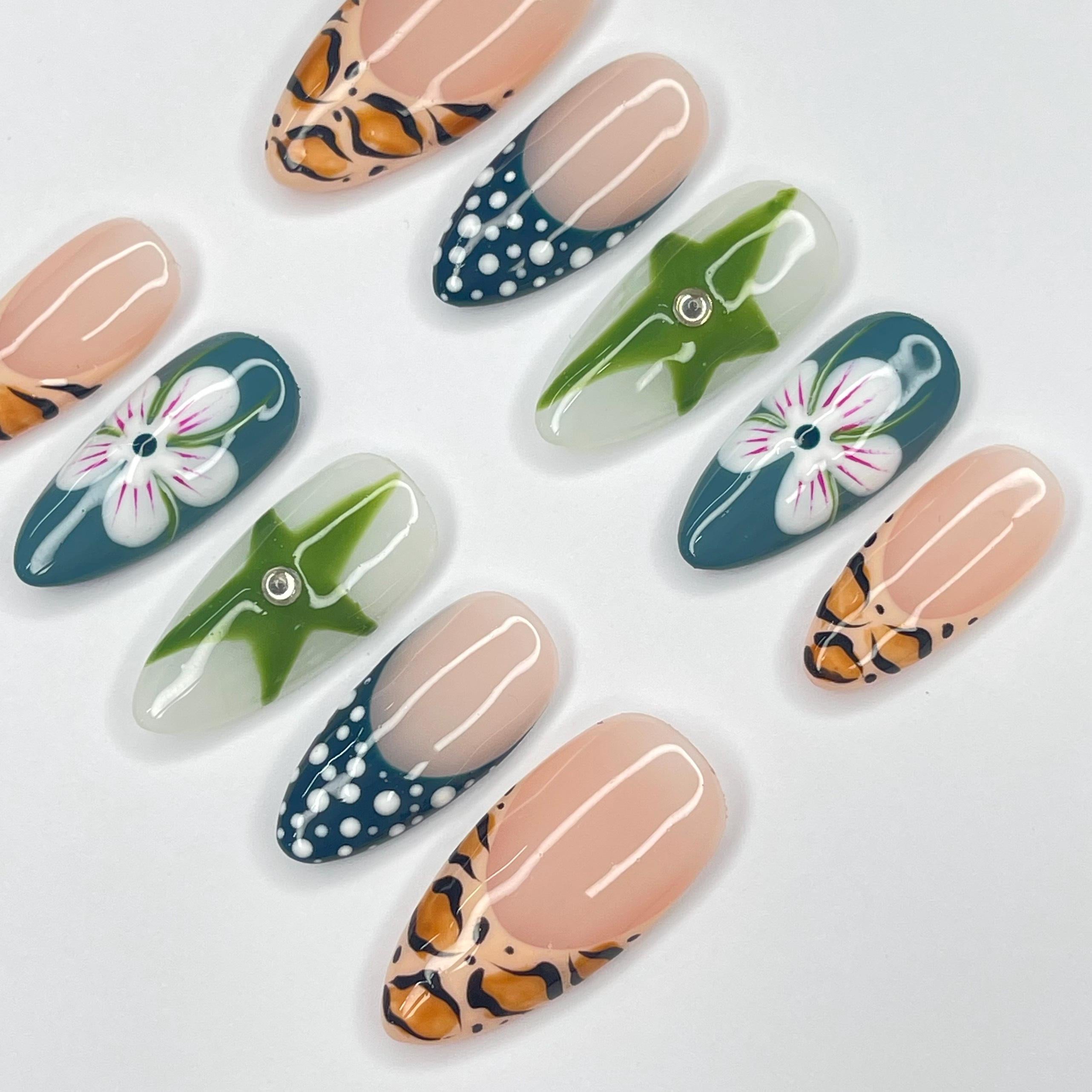 Zebra Print French Tip Medium Almond Press On Nails, 3D Gel Nails for Summer Holiday, Vacation, Event, Gift For Her