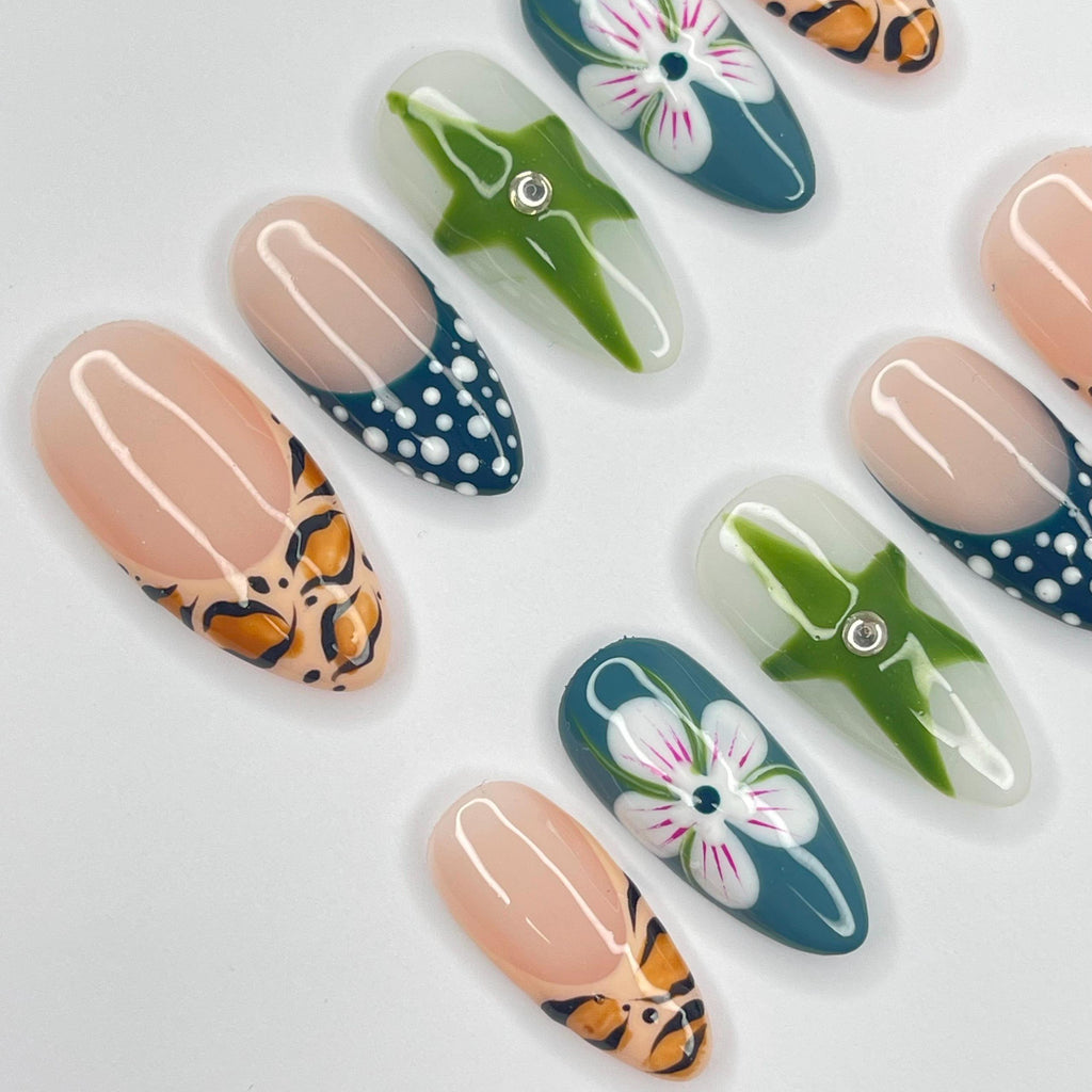 Zebra Print French Tip Medium Almond Press On Nails, 3D Gel Nails for Summer Holiday, Vacation, Event, Gift For Her