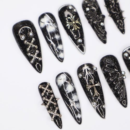 Black Gothic Halloween Long Almond Press On Nail, Halloween/Cosplay/Carnival Nails Art, Handpainted Fake Nail, Reusable Gel Nail