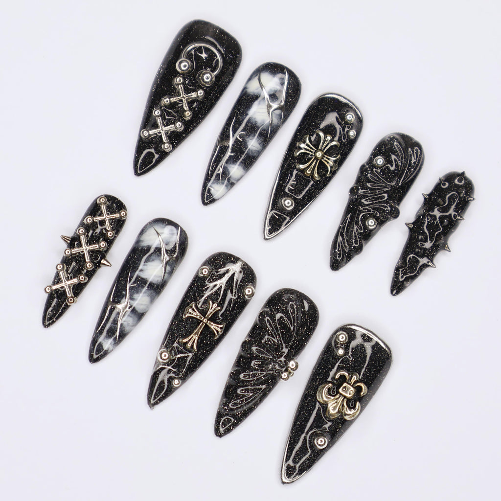 Black Gothic Halloween Long Almond Press On Nail, Halloween/Cosplay/Carnival Nails Art, Handpainted Fake Nail, Reusable Gel Nail
