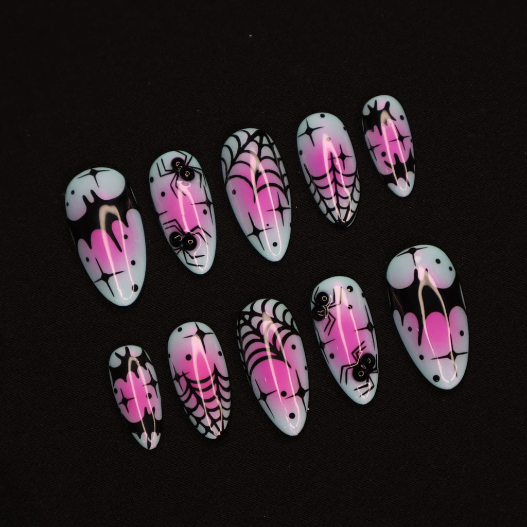 Cute Halloween Nail Design with Spider Web and Bat Medium Almond Press On Nails, Unique Fake Nails Art for Spooky Season