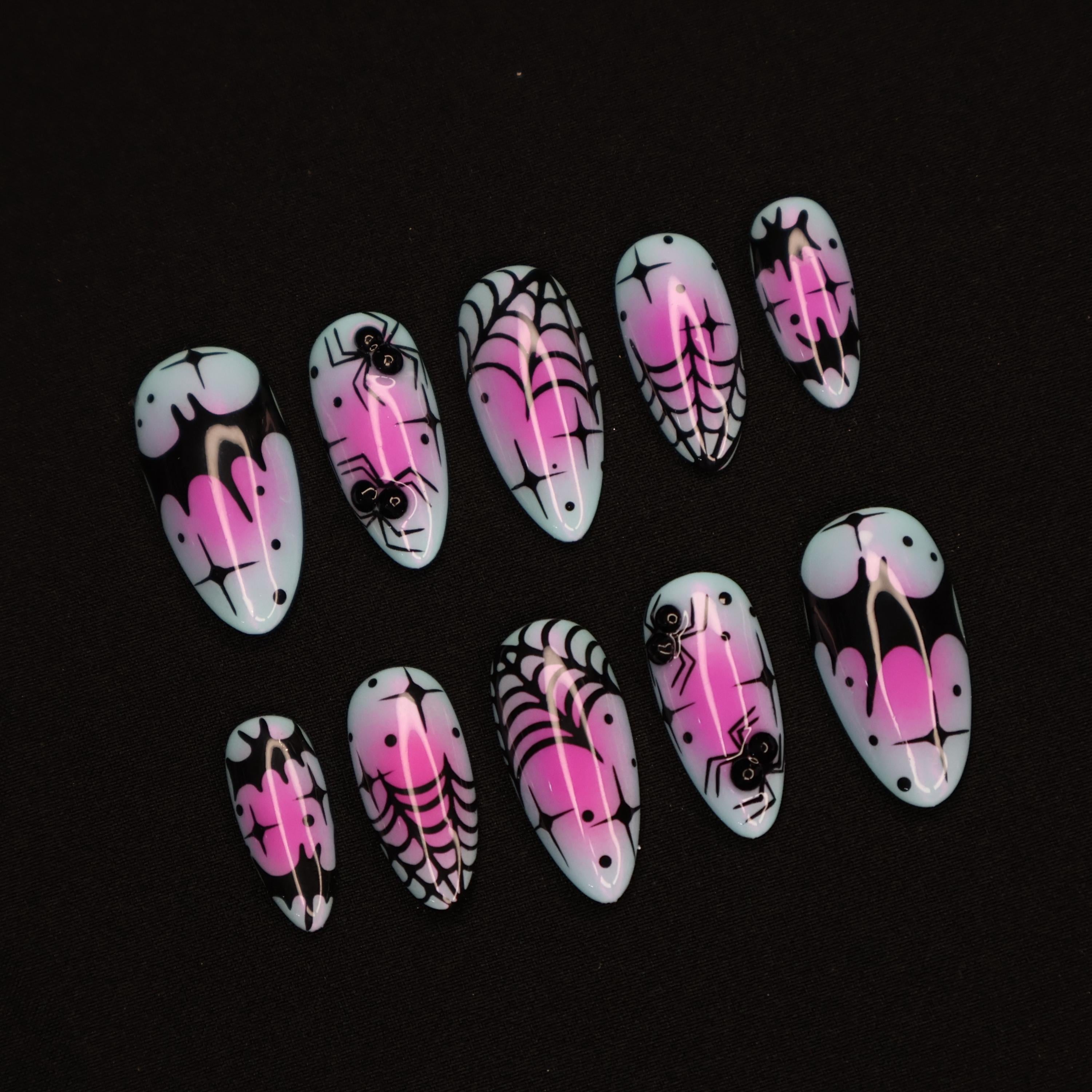 Cute Halloween Nail Design with Spider Web and Bat Medium Almond Press On Nails, Unique Fake Nails Art for Spooky Season