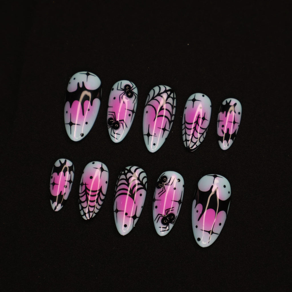 Cute Halloween Nail Design with Spider Web and Bat Medium Almond Press On Nails, Unique Fake Nails Art for Spooky Season