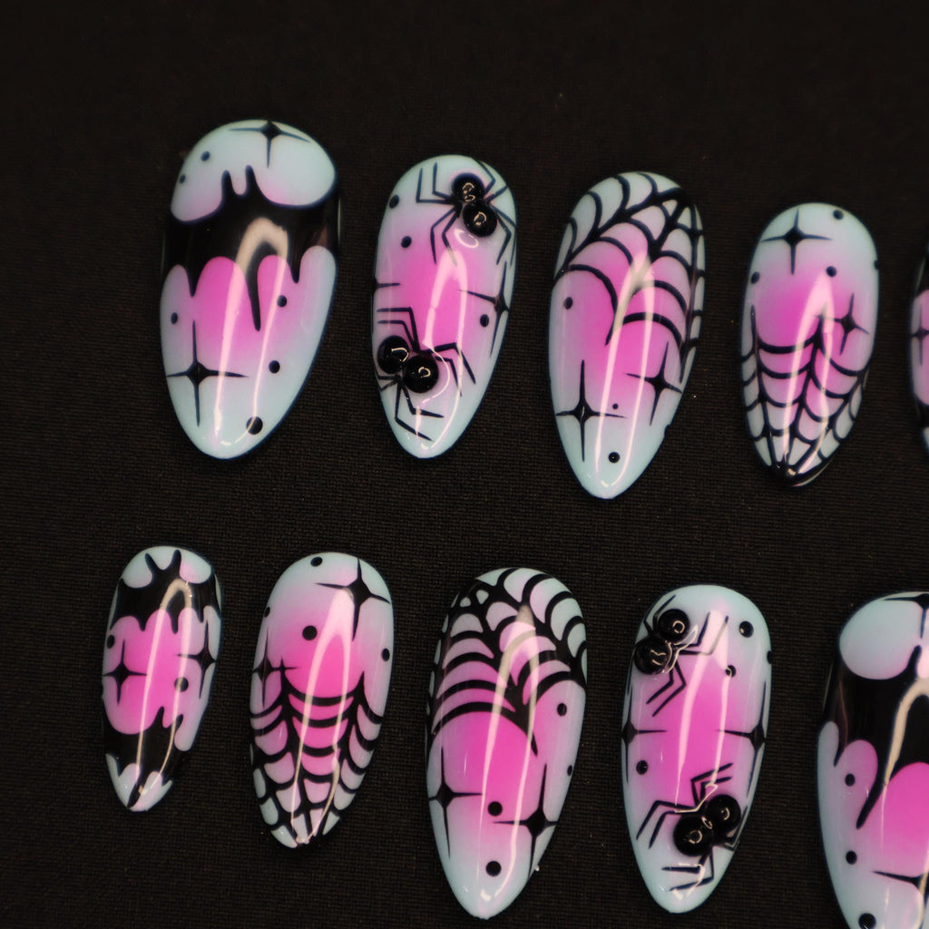 Cute Halloween Nail Design with Spider Web and Bat Medium Almond Press On Nails, Unique Fake Nails Art for Spooky Season