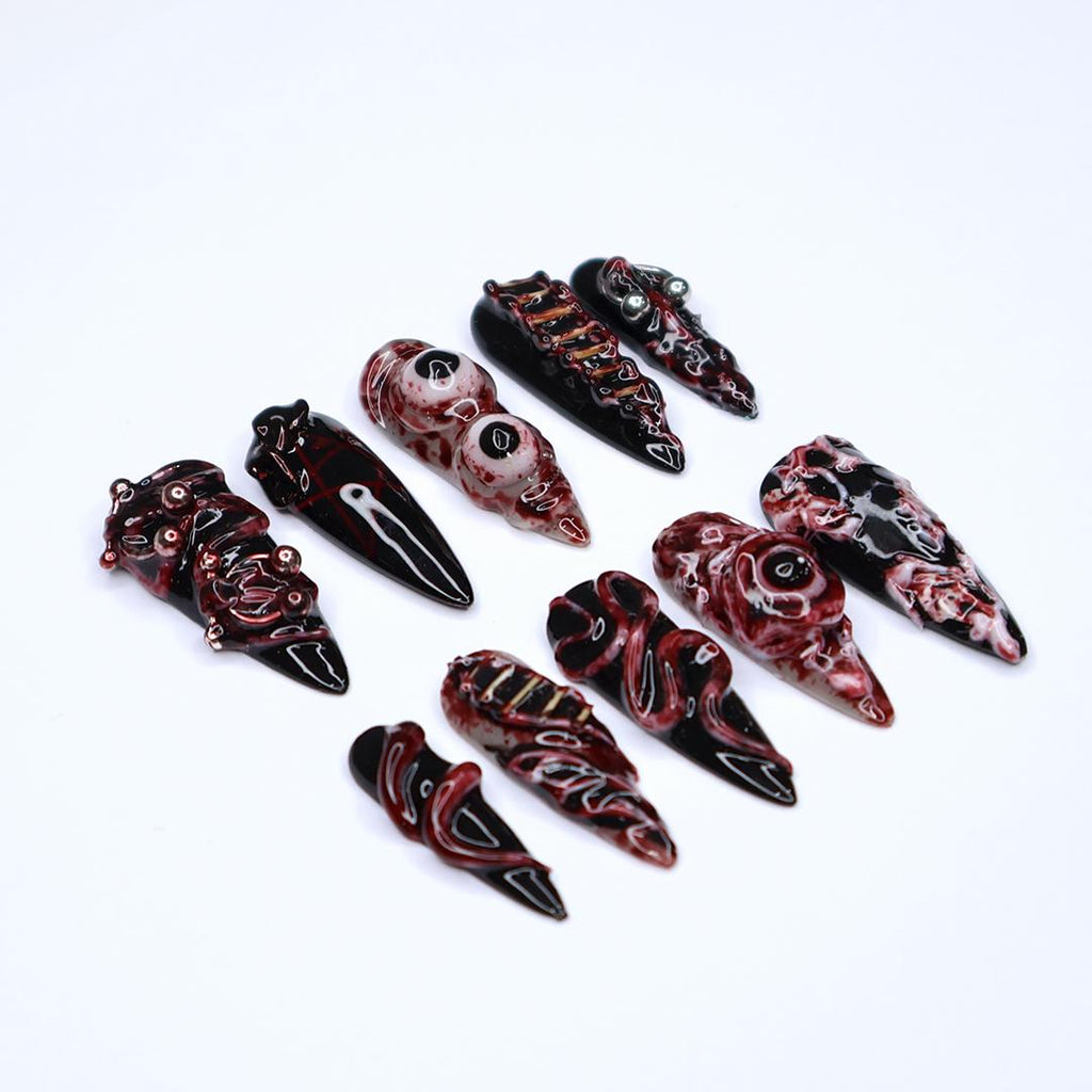 Unique 3D Design with Horror Blood Eyeball Long Stiletto Halloween Press On Nails, Scary Fake Nails Art for Spooky Season, Goth Nails