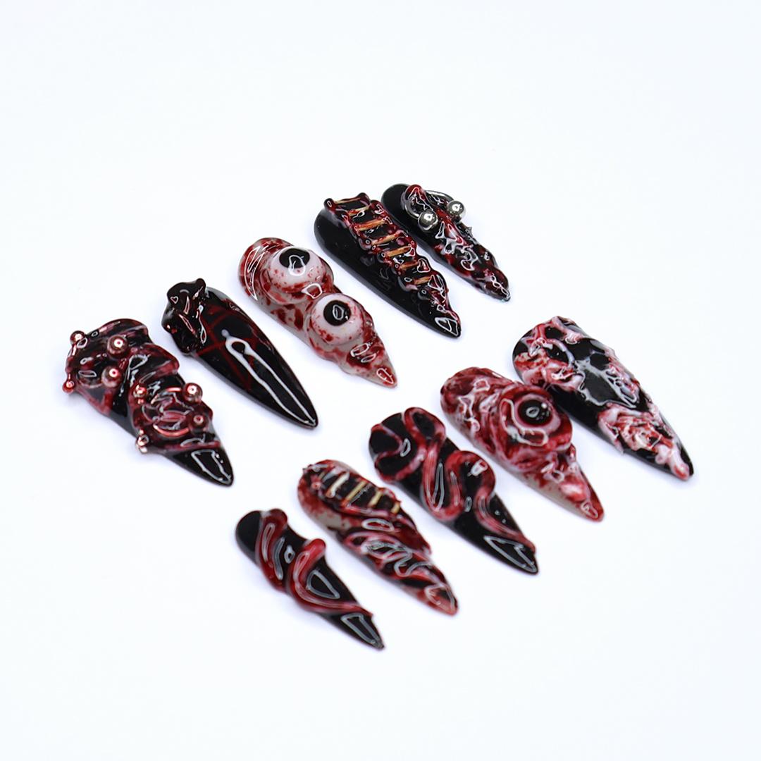 Unique 3D Design with Horror Blood Eyeball Long Stiletto Halloween Press On Nails, Scary Fake Nails Art for Spooky Season, Goth Nails