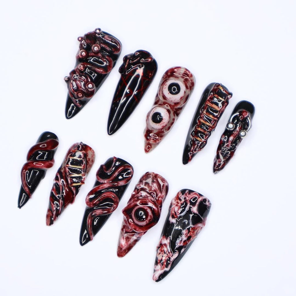 Unique 3D Design with Horror Blood Eyeball Long Stiletto Halloween Press On Nails, Scary Fake Nails Art for Spooky Season, Goth Nails