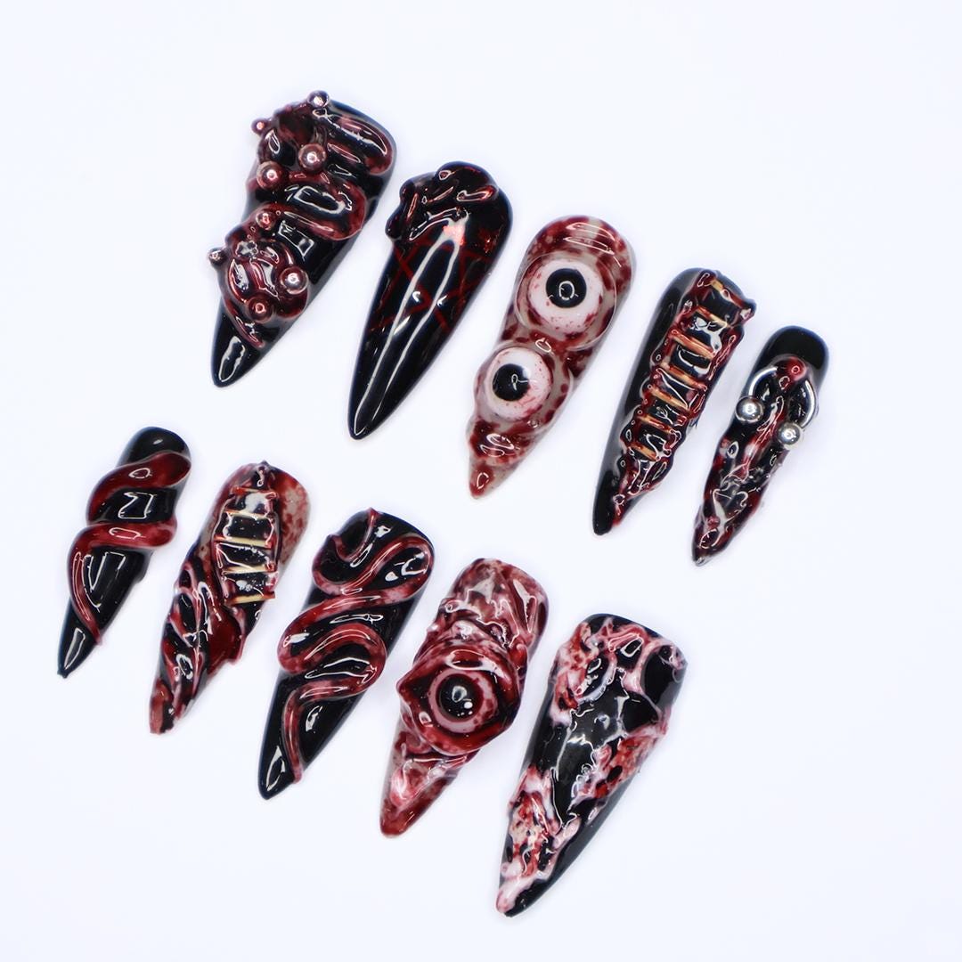 Unique 3D Design with Horror Blood Eyeball Long Stiletto Halloween Press On Nails, Scary Fake Nails Art for Spooky Season, Goth Nails