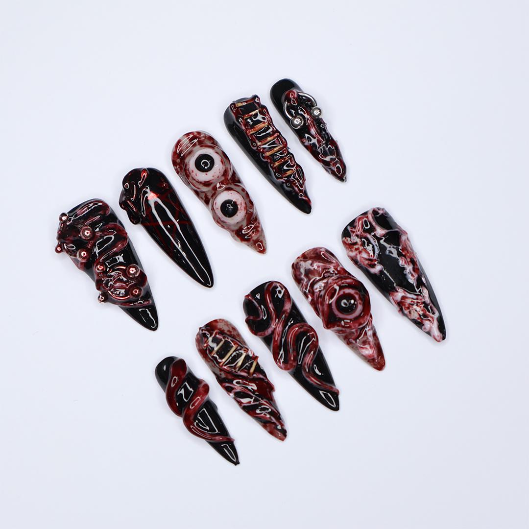 Unique 3D Design with Horror Blood Eyeball Long Stiletto Halloween Press On Nails, Scary Fake Nails Art for Spooky Season, Goth Nails