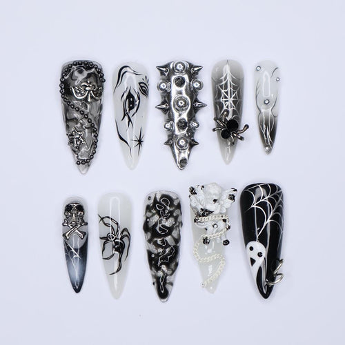 Black and Silver 3D Press-On Nails with Spikes, Chains, and Gothic Designs, Long Stiletto Nails for Halloween or Goth Fashion