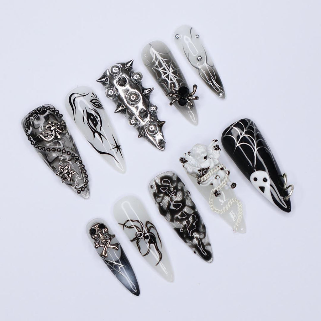 Black and Silver 3D Press-On Nails with Spikes, Chains, and Gothic Designs, Long Stiletto Nails for Halloween or Goth Fashion