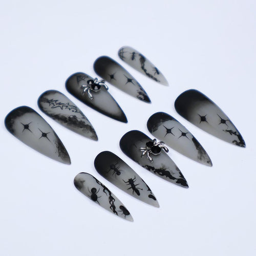 Black and Gray 3D Press-On Nails, Long Stiletto Nails with Spider Web and Ant for Halloween or Gothic Fashion