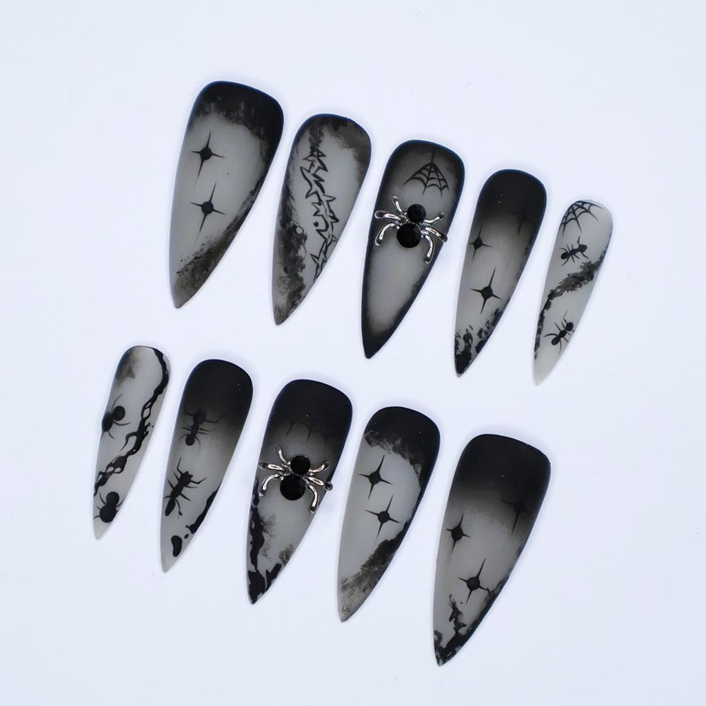 Black and Gray 3D Press-On Nails, Long Stiletto Nails with Spider Web and Ant for Halloween or Gothic Fashion