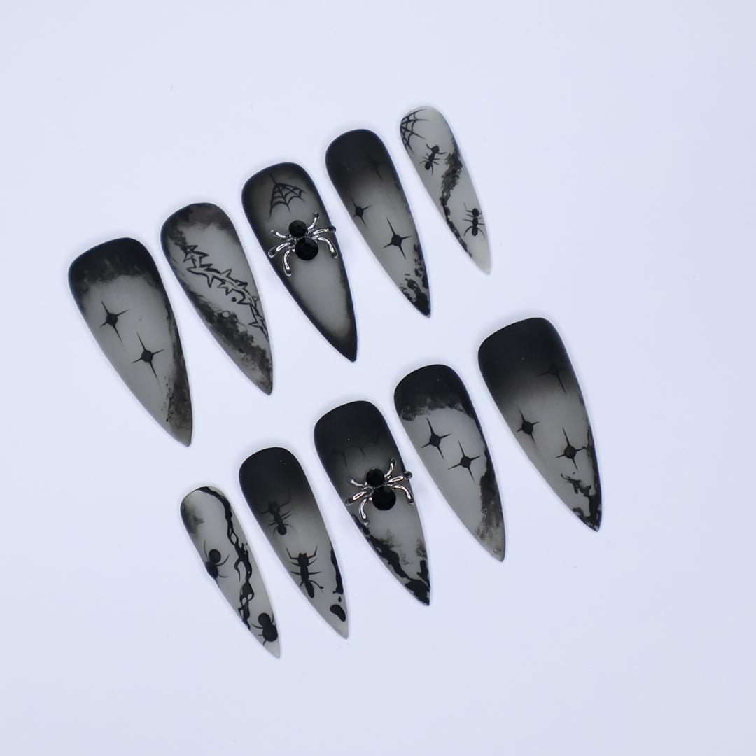 Black and Gray 3D Press-On Nails, Long Stiletto Nails with Spider Web and Ant for Halloween or Gothic Fashion