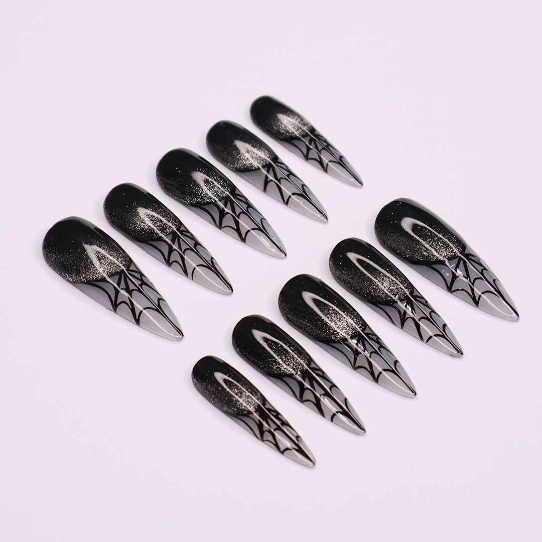 Spider Web Long Stiletto Halloween Press On Nails, Witchy Fake Nails Art for Spooky Season