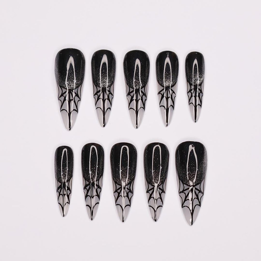 Spider Web Long Stiletto Halloween Press On Nails, Witchy Fake Nails Art for Spooky Season
