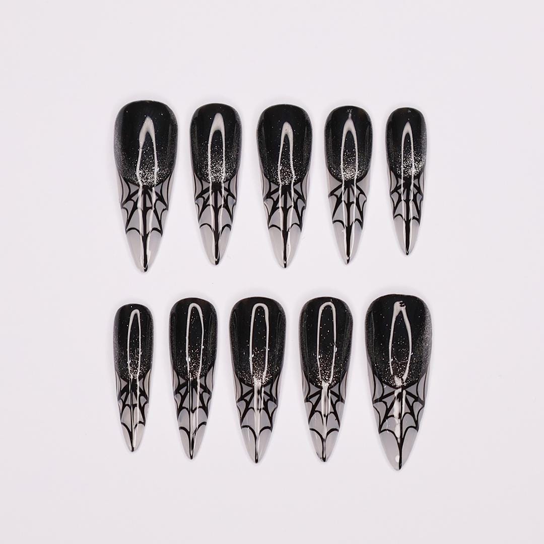 Spider Web Long Stiletto Halloween Press On Nails, Witchy Fake Nails Art for Spooky Season