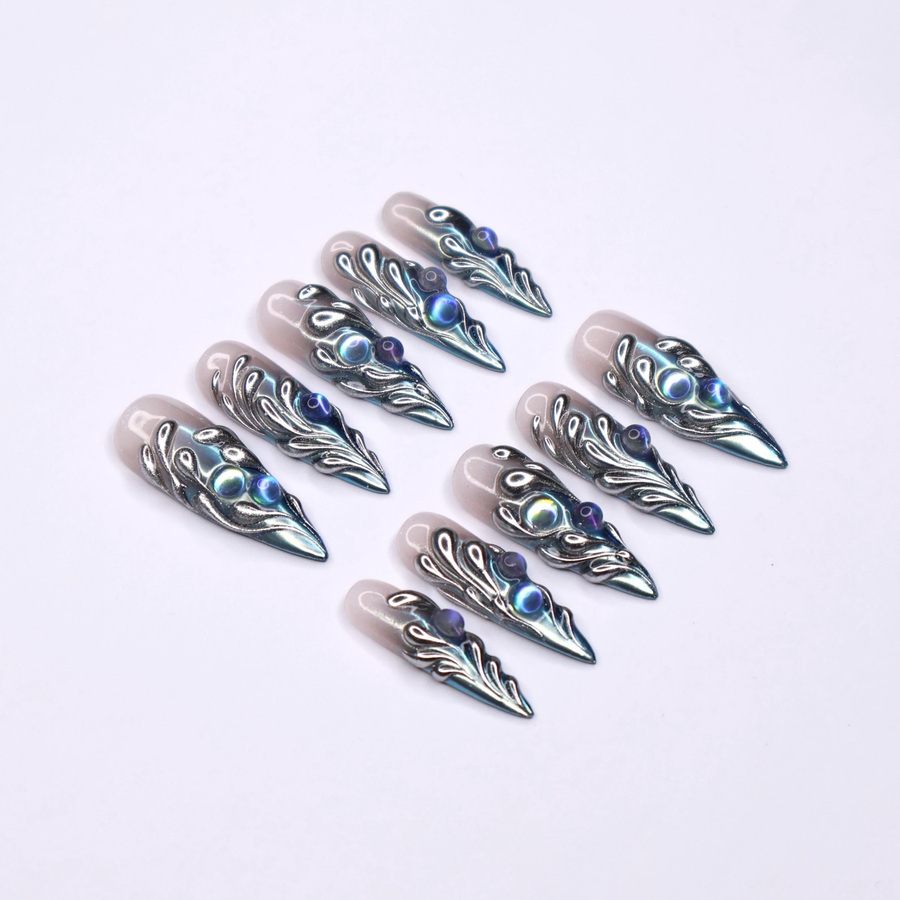 Freestyle 3D Chrome Long Almond Press On Nail, Gothic Nail Art Hand Painted, Stiletto Nail For Event Party, Reusable Nail Art