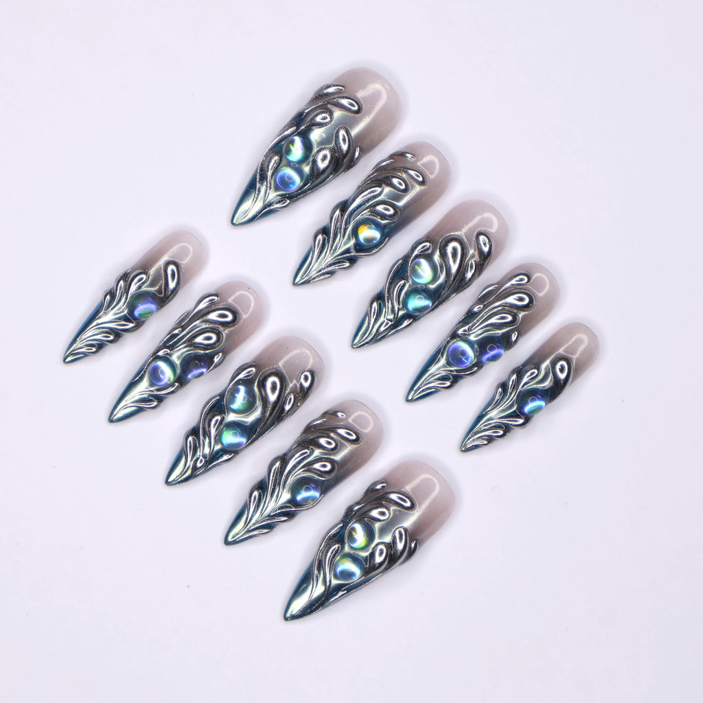 Freestyle 3D Chrome Long Almond Press On Nail, Gothic Nail Art Hand Painted, Stiletto Nail For Event Party, Reusable Nail Art