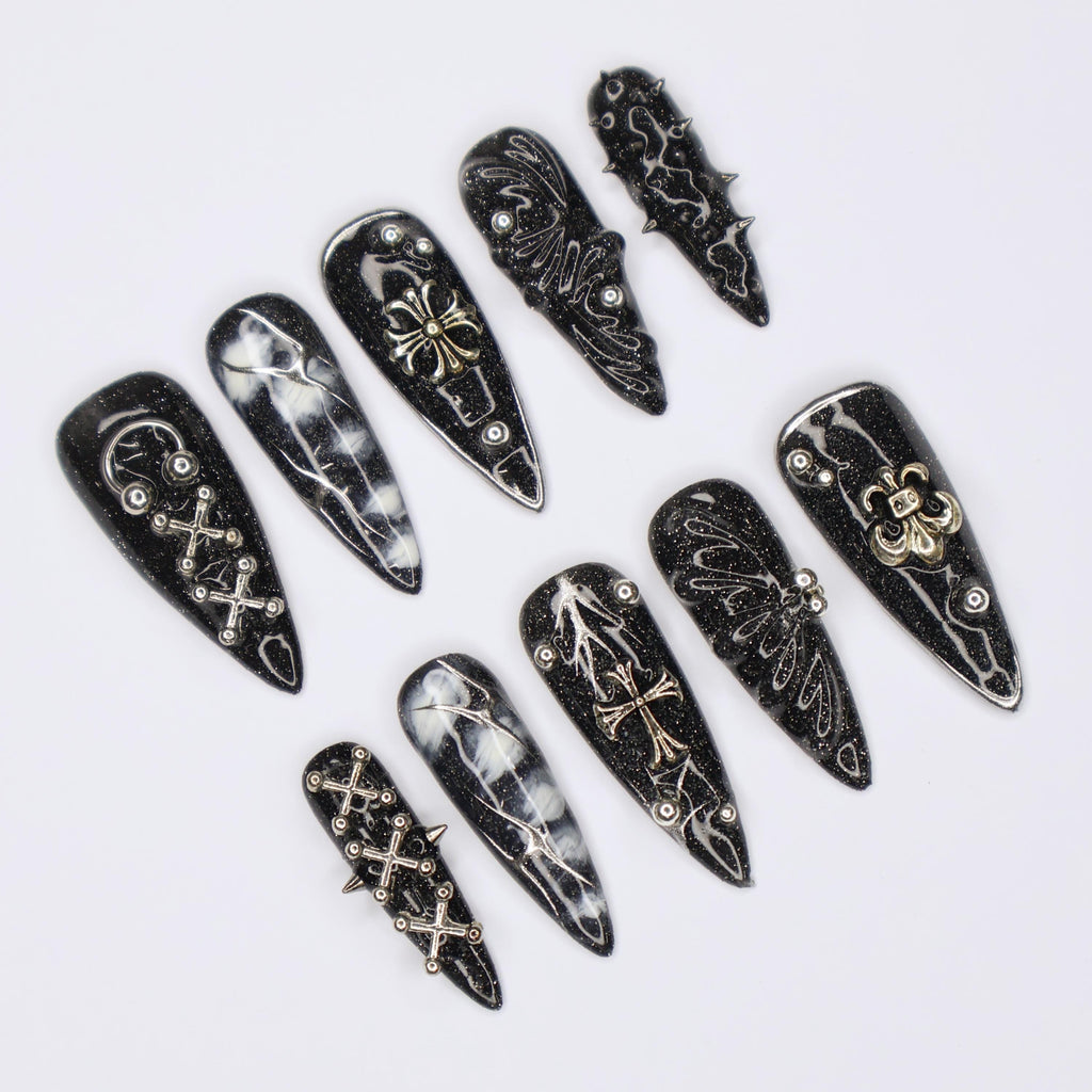 Black Gothic Halloween Long Almond Press On Nail, Halloween/Cosplay/Carnival Nails Art, Handpainted Fake Nail, Reusable Gel Nail