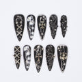 Black Gothic Halloween Long Almond Press On Nail, Halloween/Cosplay/Carnival Nails Art, Handpainted Fake Nail, Reusable Gel Nail