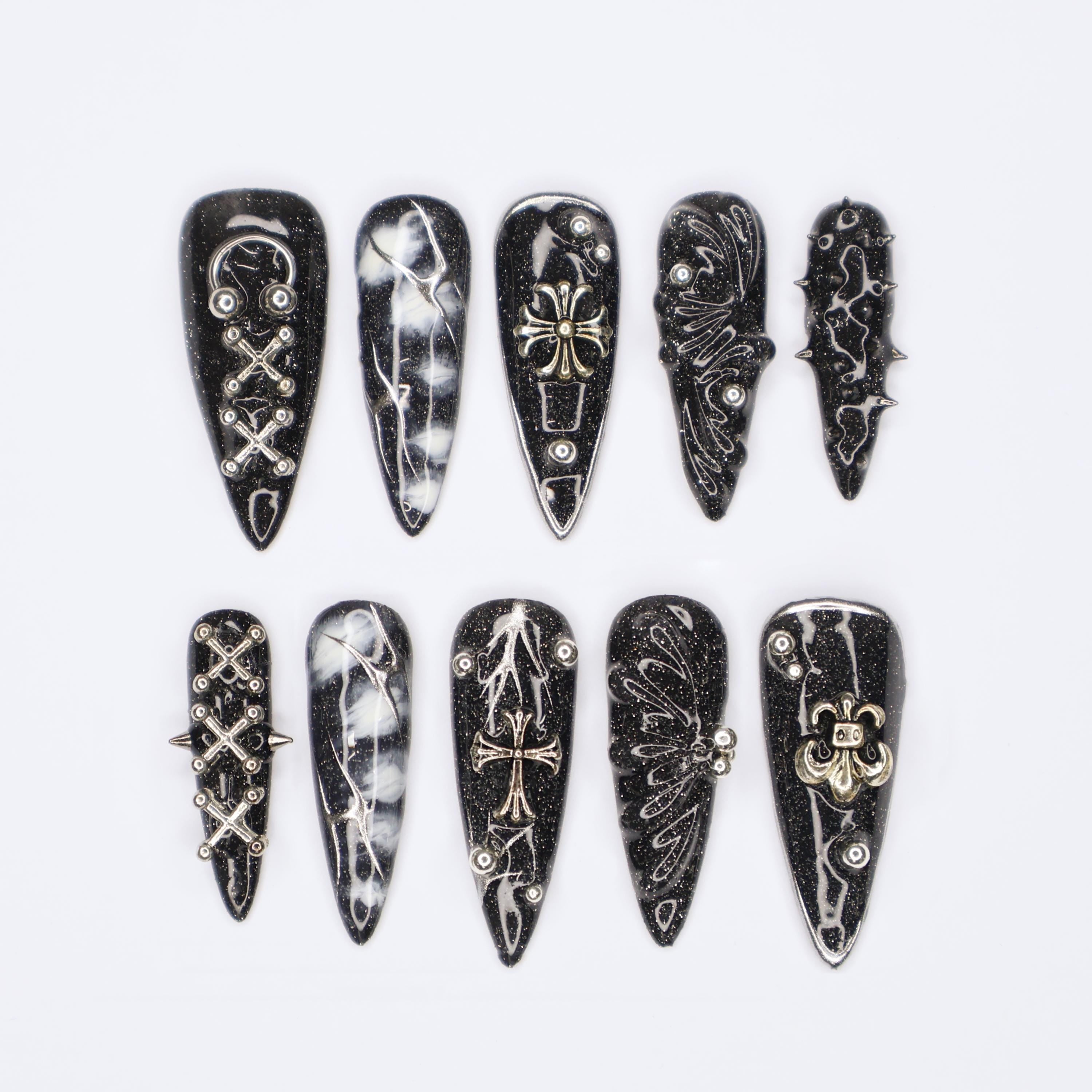 Black Gothic Halloween Long Almond Press On Nail, Halloween/Cosplay/Carnival Nails Art, Handpainted Fake Nail, Reusable Gel Nail