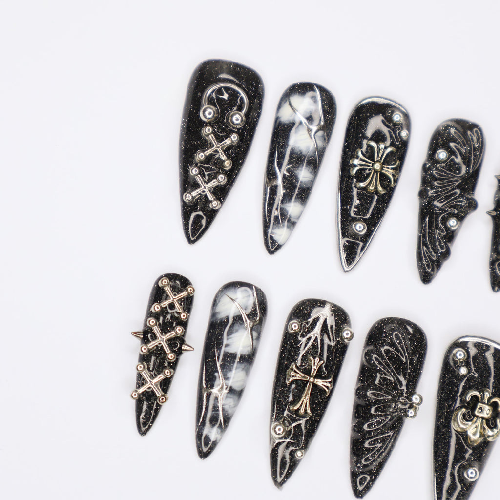 Black Gothic Halloween Long Almond Press On Nail, Halloween/Cosplay/Carnival Nails Art, Handpainted Fake Nail, Reusable Gel Nail
