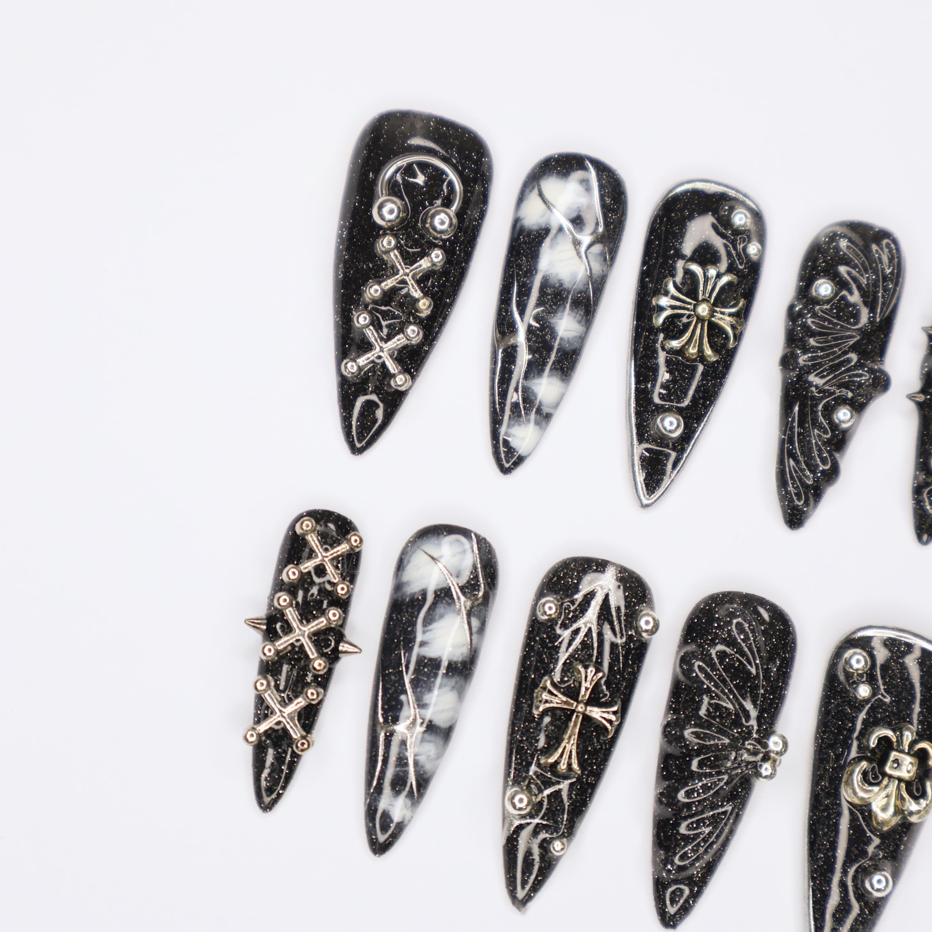 Black Gothic Halloween Long Almond Press On Nail, Halloween/Cosplay/Carnival Nails Art, Handpainted Fake Nail, Reusable Gel Nail