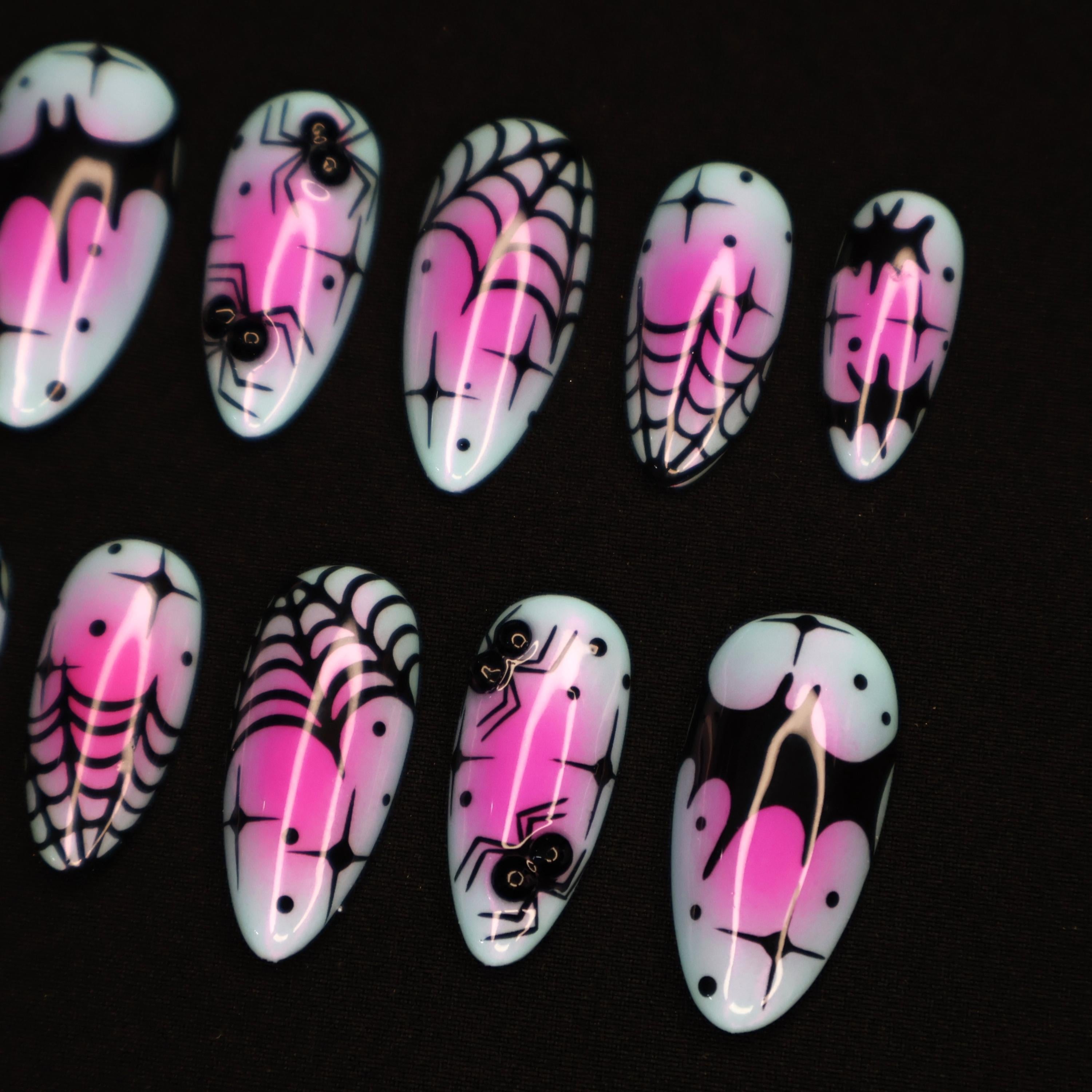 Cute Halloween Nail Design with Spider Web and Bat Medium Almond Press On Nails, Unique Fake Nails Art for Spooky Season
