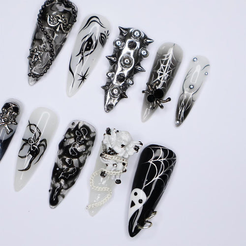 Black and Silver 3D Press-On Nails with Spikes, Chains, and Gothic Designs, Long Stiletto Nails for Halloween or Goth Fashion