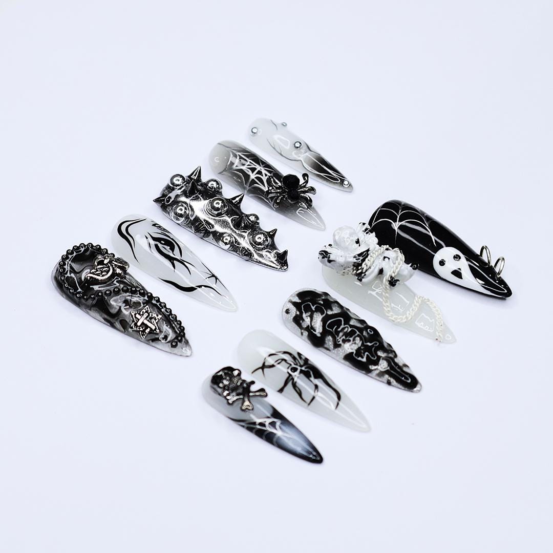 Black and Silver 3D Press-On Nails with Spikes, Chains, and Gothic Designs, Long Stiletto Nails for Halloween or Goth Fashion